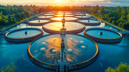 Aerial view of a modern water treatment plant at sunset