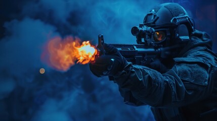Special forces operative firing rifle in blue light
