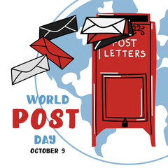 Post Day banner with post box mail box design vector illustration, World Post Day. World Mail Day. A banner for the holiday. The red mailbox accepts mail, letters, parcels on the earth map, white blue