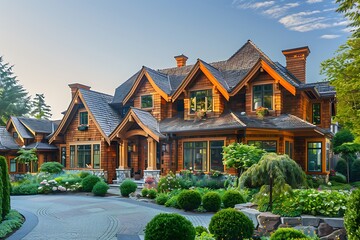 A sprawling luxury home exterior featuring elegant stained cedar wood shingle siding, meticulously painted trim, and manicured garden landscaping under soft sunlight.