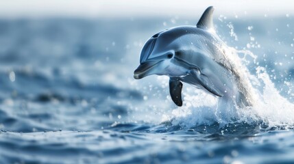 Fototapeta premium A dolphin gracefully jumps out of the ocean water, creating a stunning and dynamic scene against the blue sea background.