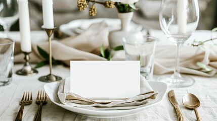 elegant table place setting with blank menu card for wedding or special event, featuring fine tableware and candlelight
