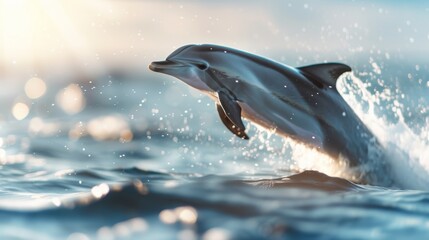 A dolphin gracefully leaps out of the ocean water, capturing the essence of marine life and the beauty of nature in a stunning moment.