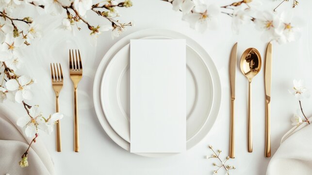 elegant table setting with blank card mockup, gold cutlery, and floral decor for weddings or special events
