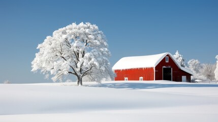 This idyllic winter scene offers a charming red barn with its surroundings blanketed in snow, and a nearby tree adorned with frost, all beneath an expansive blue sky.
