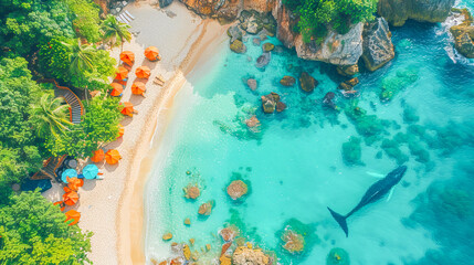 Whale swimming near tropical beach with orange umbrellas in summer