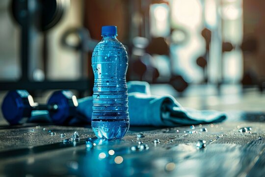 A blue water bottle sits on a wet surface in a gym, with a pair of dumbbells and a towel in the background