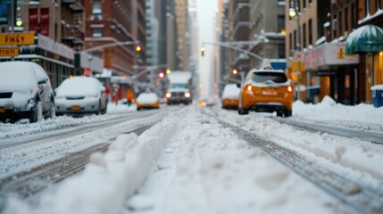 Obraz premium A bustling urban street scene captured during snowfall, with snow-covered cars, high-rise buildings, and a mix of warm and cold elements defining the winter city atmosphere.