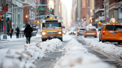 A busy urban street covered in snow, featuring moving vehicles, parked cars, and pedestrians walking amidst tall city buildings during a winter day.