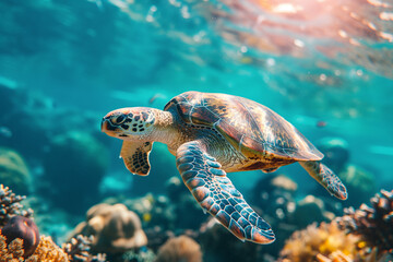 Fototapeta premium Sea Turtle life underwater with colorful coral reef sea, Maldives Indian Ocean coral reef.