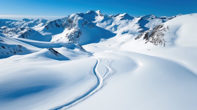 An expansive view of snow-covered mountain ranges under clear blue skies, highlighting untouched slopes and crisp, snowy ridges, embodying the vastness and purity of winter wilderness. - Powered by Adobe
