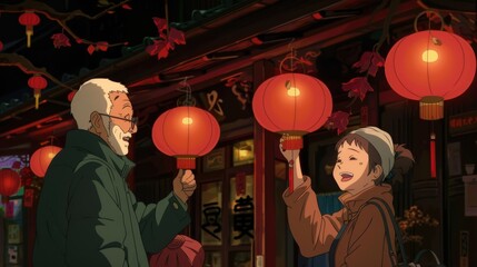 Naklejka premium Animated Couple Holding Lanterns