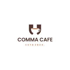 Coffee talk logo, coffee cup mug with comma symbol logo icon on isolated background