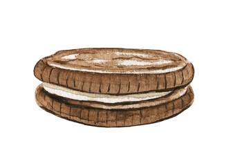 One chocolate round cookie sandwich isolated on white background. Watercolor hand drawn illustration