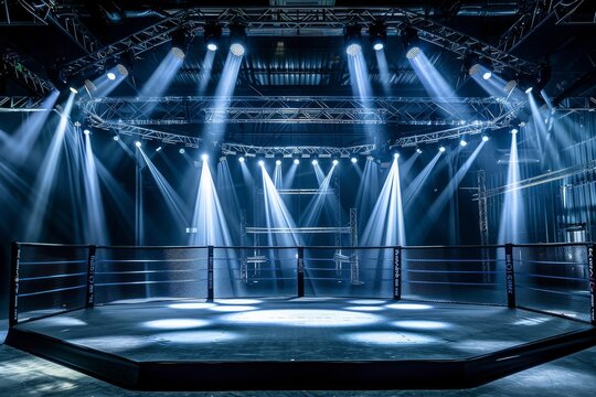 An octagon ring stands ready for a fight, illuminated by powerful stage lights in a dark arena