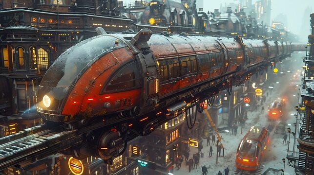 Futuristic transport system in England showcasing hyper realistic electric buses and smart traffic lights set in a modern urban environment with a white background and infographic elements