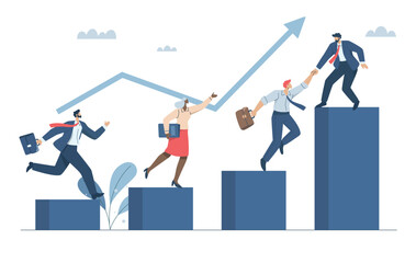 Teamwork, Team friendship, Support or mentoring to achieve business success, Partner helps achieve goals, Businessman helping his teamwork moving up to growth. Vector design illustration.
