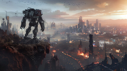 A battle-worn mech suit standing on the edge of a cliff overlooking a sprawling, dystopian metropolis.