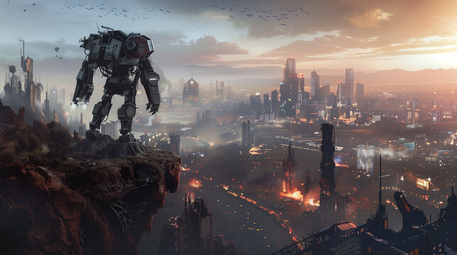 A battle-worn mech suit standing on the edge of a cliff overlooking a sprawling, dystopian metropolis.