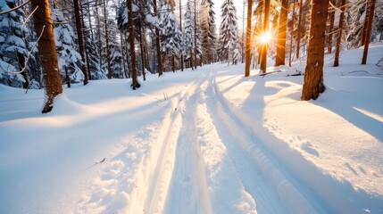 Obraz premium A picturesque sunlit trail through a magical snowy forest highlighting the tall tree trunks and perfect winter landscape, illustrating the serene beauty of winter daylight.