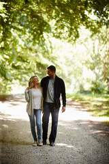 Fototapeta premium Always by each others side. Full length shot of a young couple walking arm in arm in a park.