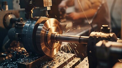 A metalworking lathe cuts a metal rod, creating sparks and shavings