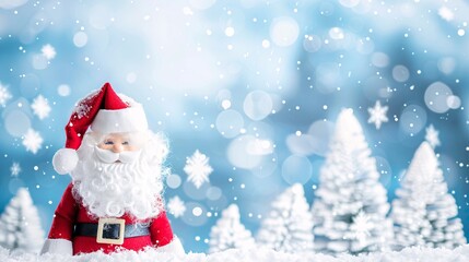 Fototapeta premium A red-suited Santa Claus figurine stands in a snowy forest setting, with white frosted trees and falling snow
