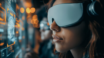 Group of designers using VR and AR in a futuristic design studio, interacting with holographic interfaces and digital elements, high-tech and innovative environment.