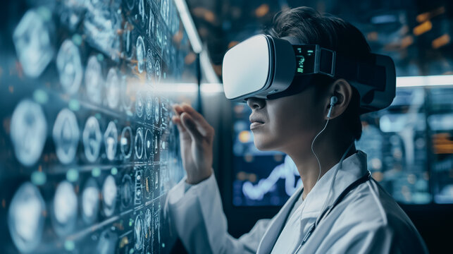 Healthcare professional using virtual reality for an immersive simulation, detailed 3D models and holographic interfaces in a high-tech medical setting - Powered by Adobe