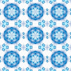 Bright White Blue Snowflake Flower mandala backdrop. Winter art pattern. Artistic light Tiles. Textured background. Ornate illustration. Strokes and Lines. Symmetric Winter