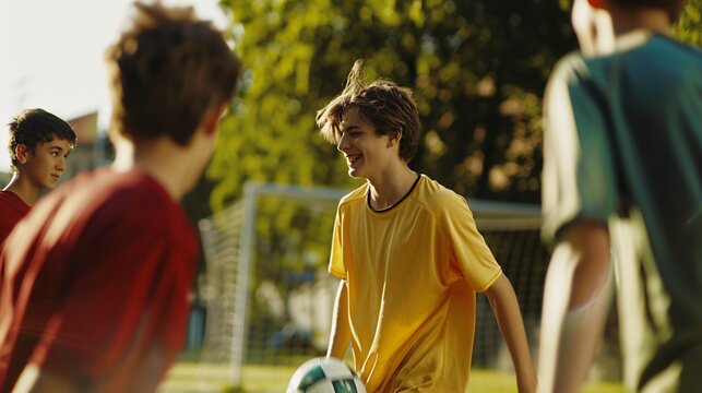 Three teenage boys play soccer on a grassy field. One boy in a yellow shirt dribbles the ball while the other two watch and wait