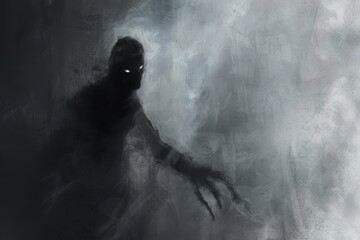 Black and white painting of a mysterious creature emerging from dense fog, creating a haunting atmosphere, Depict a mysterious figure emerging from a shadowy grey background