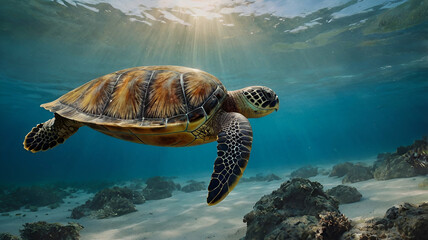 Obraz premium watercolor painting of a sea turtle, Sea turtle sailing in the water