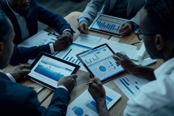 A diverse team of business professionals collaborate around a table, analyzing data on tablets and charts
