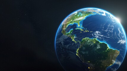 Obraz premium Stunning view of Earth from space, showcasing illuminated continents and vast oceans under a starry sky.