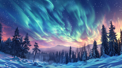Naklejka premium The northern lights paints the sky with vibrant, flowing patterns over a peaceful, snowy forest.