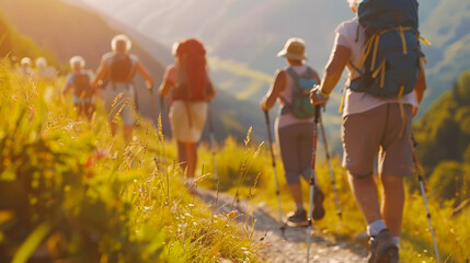 Fototapeta premium Close-up of a Nordic walking stick, group of seniors doing hiking. ecological tourism. Generative AI