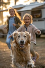 Golden Retriever Chases Joyful Kids Near Camper Van During Sunset Campout