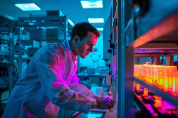 Fototapeta premium A Scientist's Focused Determination in the Neon Glow of a Late-Night Lab