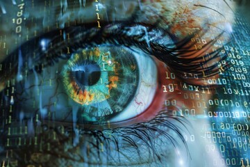 A womans eye is reflected on a computer screen, symbolizing online surveillance, Depict the abstraction of online surveillance and its implications for privacy rights