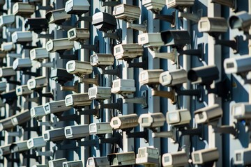 Numerous CCTV cameras are neatly aligned on a wall, enhancing security and monitoring in the area, Depict the abstraction of online surveillance and its implications for privacy rights