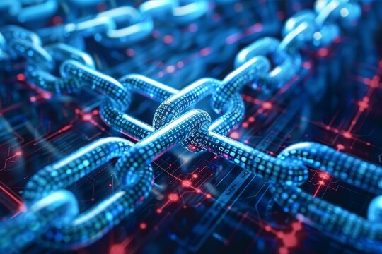 A chain is displayed on a dark surface, Depict the concept of consensus algorithms in blockchain