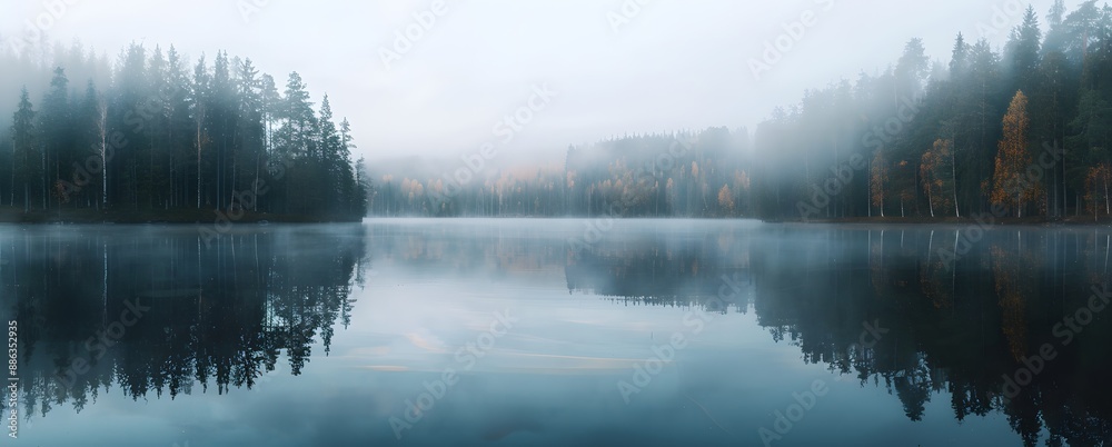 Wall mural Misty Finnish Lake at Dawn with Reflections