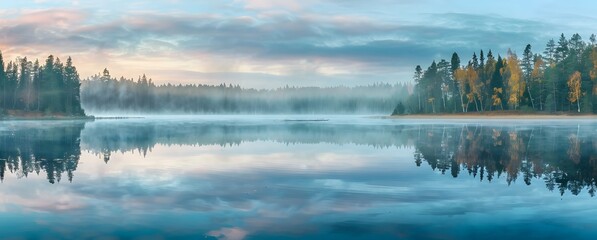 Misty Finnish Lake at Dawn with Forest Reflections