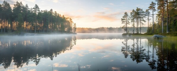 Misty Finnish Lake Sunrise with Forest Reflections