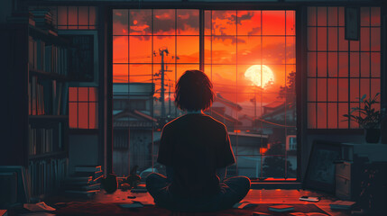 lofi or lo-fi style background, girl sit on the floor while watching village outside the window, listening music with headphone, night time, japanese cozy vibe, lo fi background