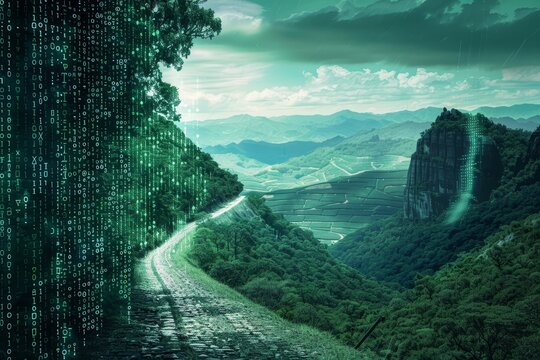 Green road with binary code running on the surface representing digital encryption in a technology landscape, Depict the concept of encryption in a digital landscape