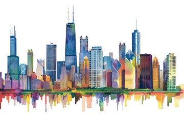 A detailed watercolor painting of the Chicago skyline against a white background, Depict the diversity of architectural styles that define Chicago's unique skyline