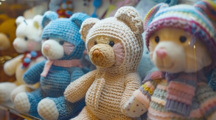 A Showcase of Hand-Knitted Teddy Bears, Whimsically Dressed and Ready for Play