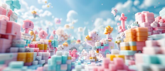 Colorful whimsical fantasy landscape with pastel buildings, blue sky, fluffy clouds, dreamy and imaginative world, vibrant fairytale scene.